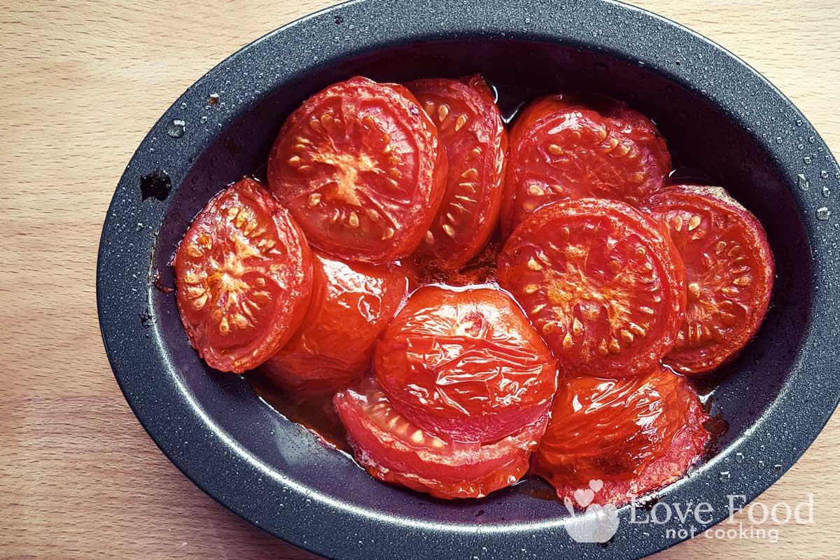 Air fried tomatoes in a small roasting pan