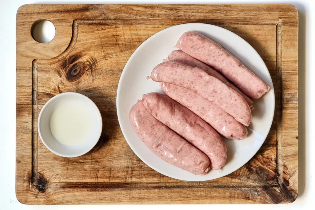 Uncooked sausages and olive oil on a wooden board. 