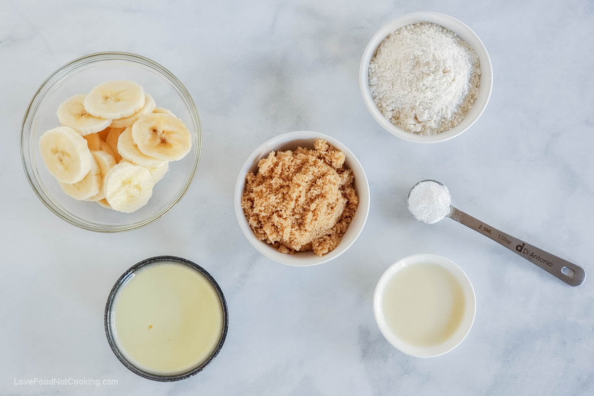 Flat-lay photo of the ingredients for this microwave banana cake recipe.