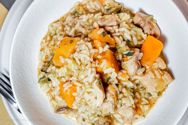 Instant Pot Chicken Pumpkin Risotto in a white bowl.