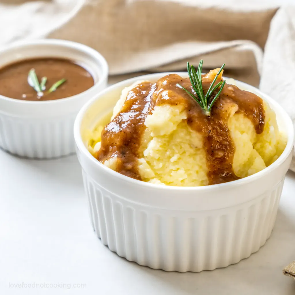 Gravy from stock served with mashed potato. 