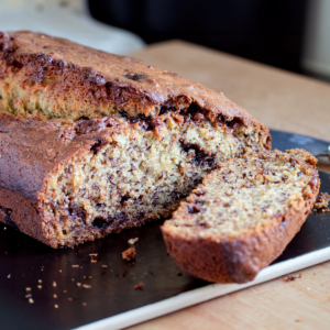 A sliced loaf of banana bread.