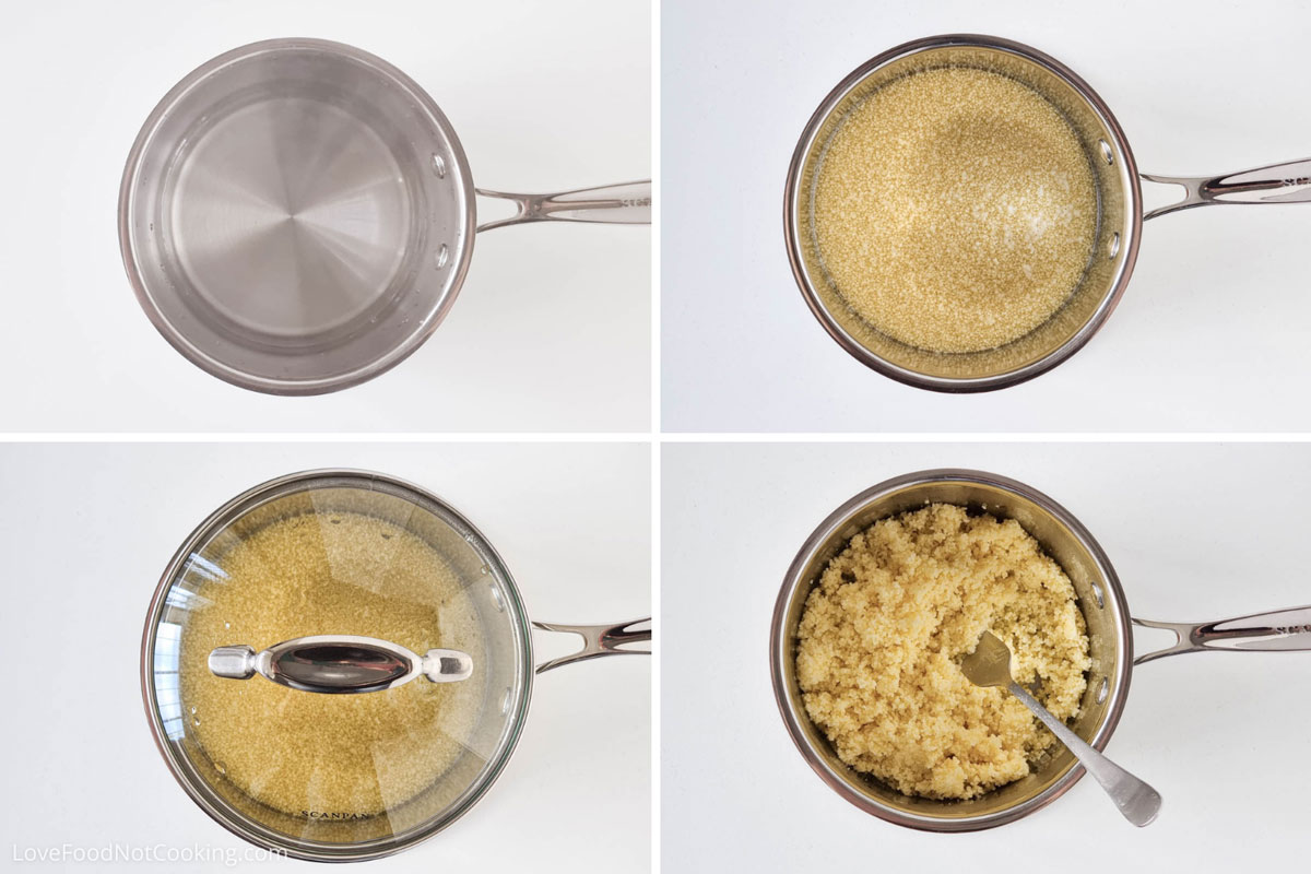 Four photos showing the steps to making couscous. 