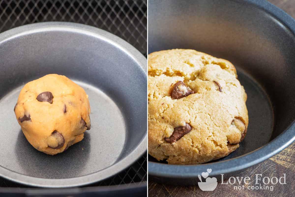 Frozen chocolate chip cookies in an air fryer basket and a baked cookie. 