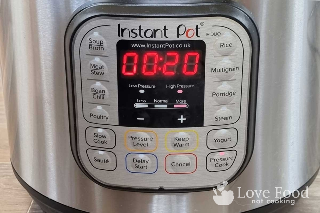 Instant Pot with pressure set to high and cook time 20 minutes. 