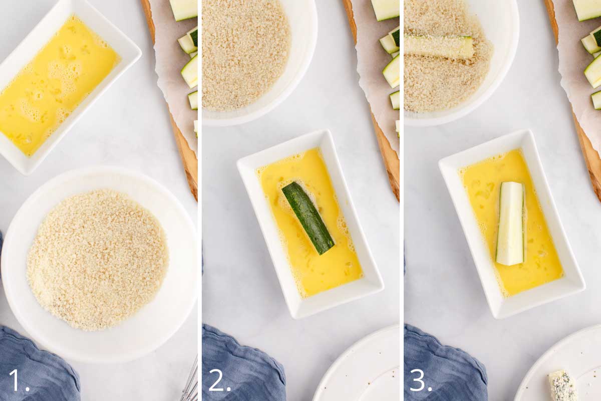 Photo series showing the process of breading zucchini sticks. 