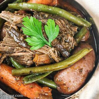Instant Pot chuck roast with vegetables in a bowl.