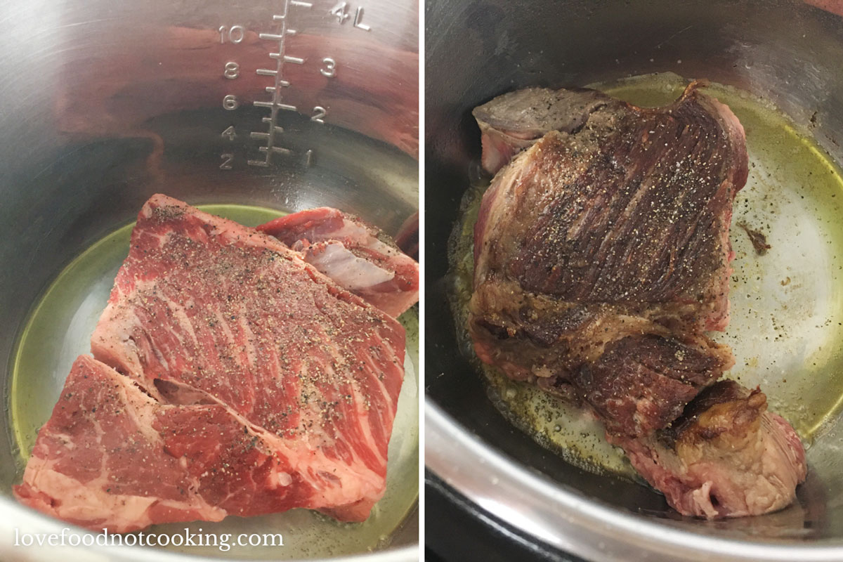 Two images of chuck roast in the Instan Pot being seared. 