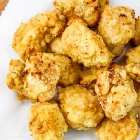 Close-up of homemade air fryer chicken nuggets.