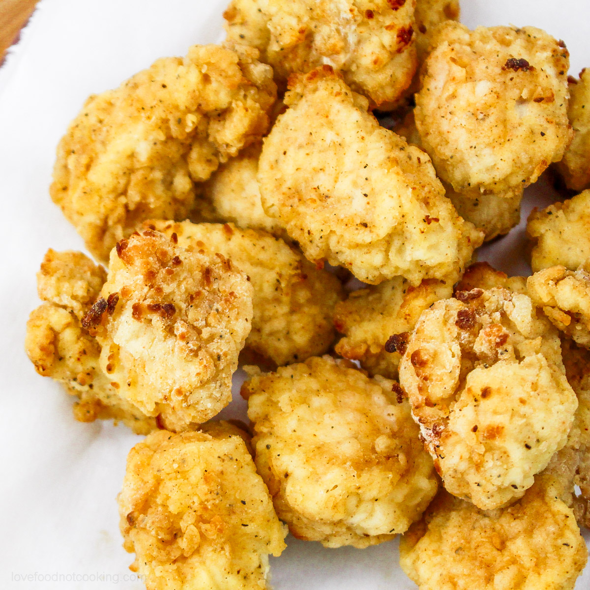 Close-up of homemade air fryer chicken nuggets. 