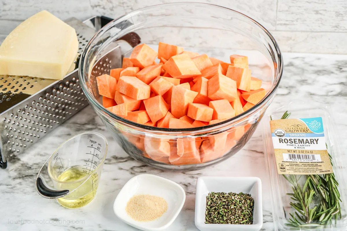 The ingredients for this sweet potato cubes recipe.