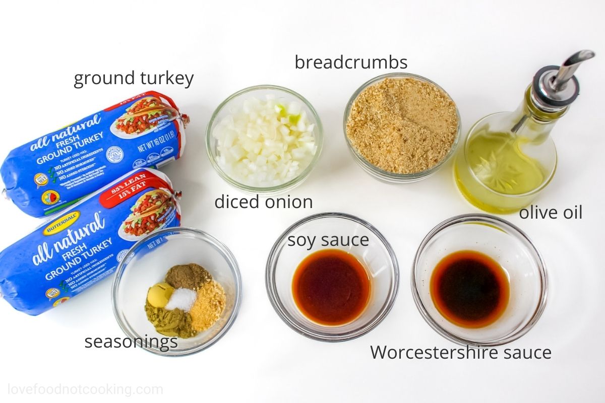 A flaylay of the ingredients for this recipe for air fryer turkey burgers.