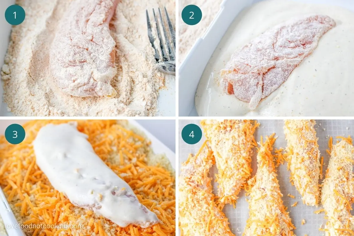Images of the four steps for breading the chicken tenders. 