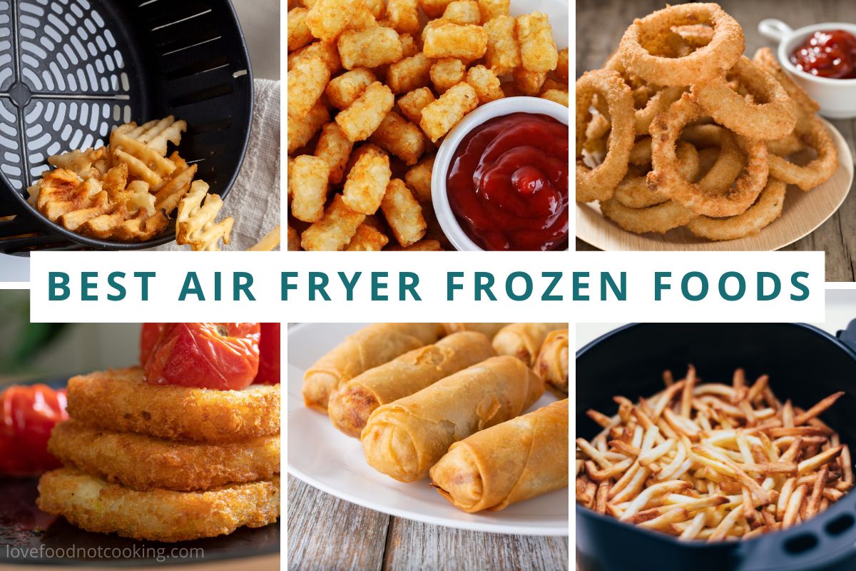 Photo grid showing examples of some of the best frozen foods for the air fryer. 