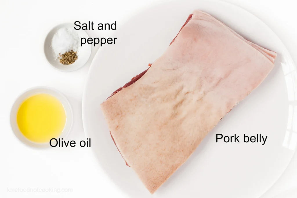 A flat-lay image of the ingredients for this air fryer pork belly recipe. 