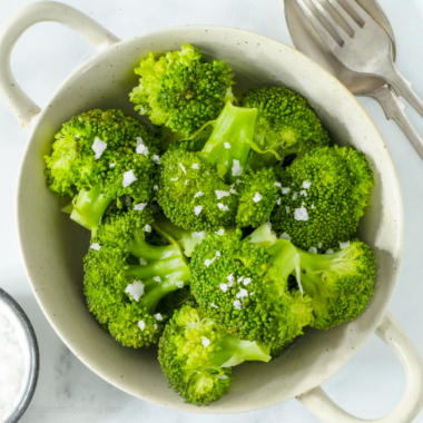 Instant Pot broccoli in a white bowl.