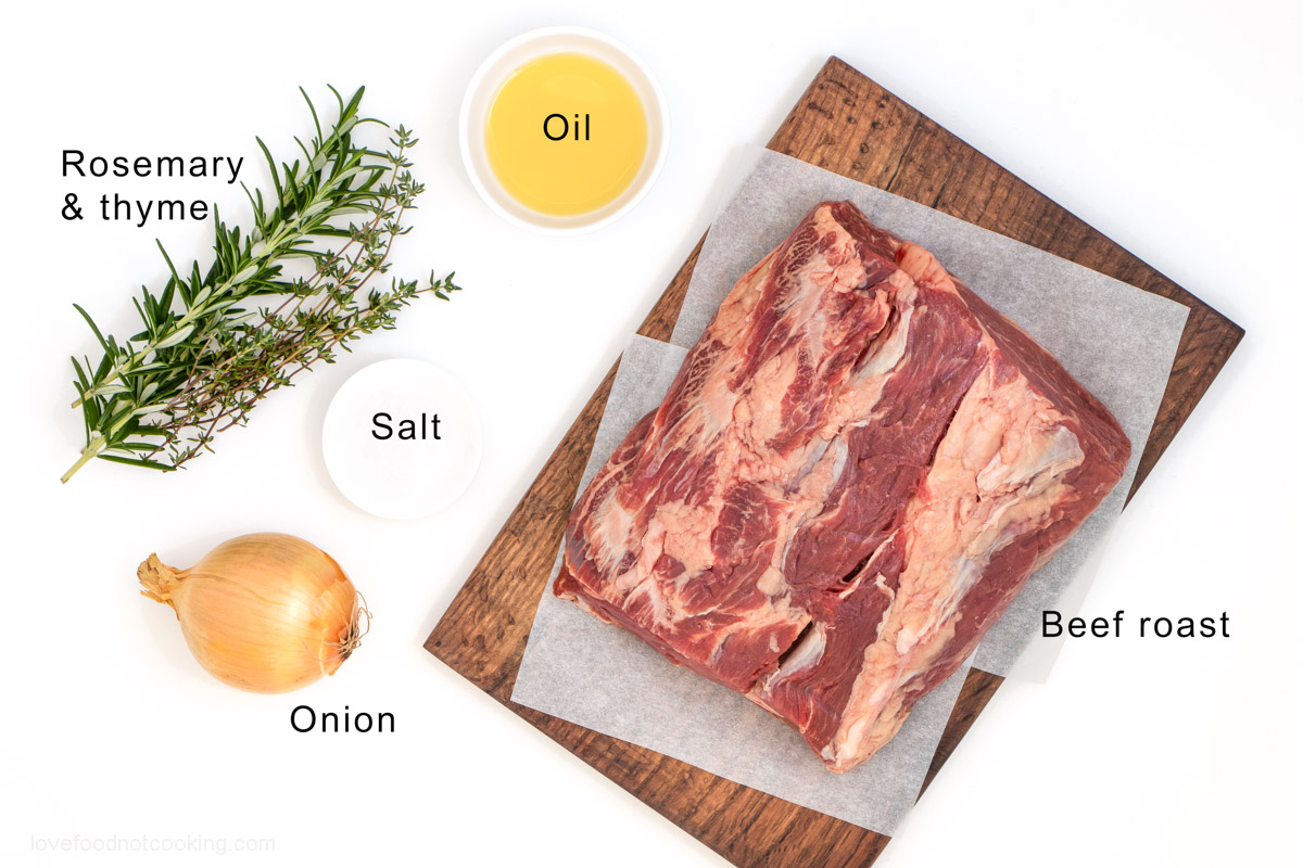 Flat lay image of the ingredients for this air fryer roast beef recipe. 