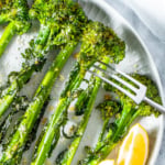 Close up of air fryer broccolini.