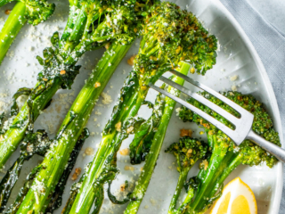Close up of air fryer broccolini.