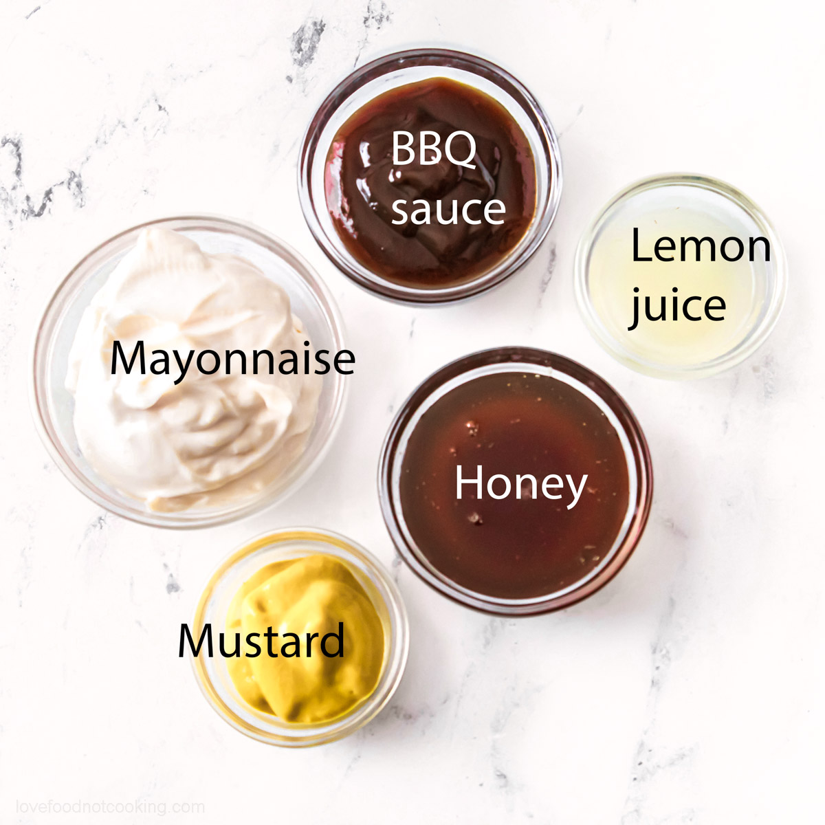 Flat lay photo of the ingredients for Chick-fil-a sauce.