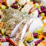 Baked turkey tenderloin with vegetables.