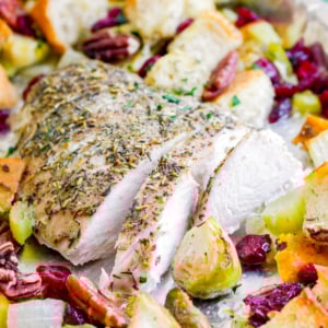 Baked turkey tenderloin with vegetables.