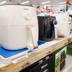 A range of air fryers available in a store.