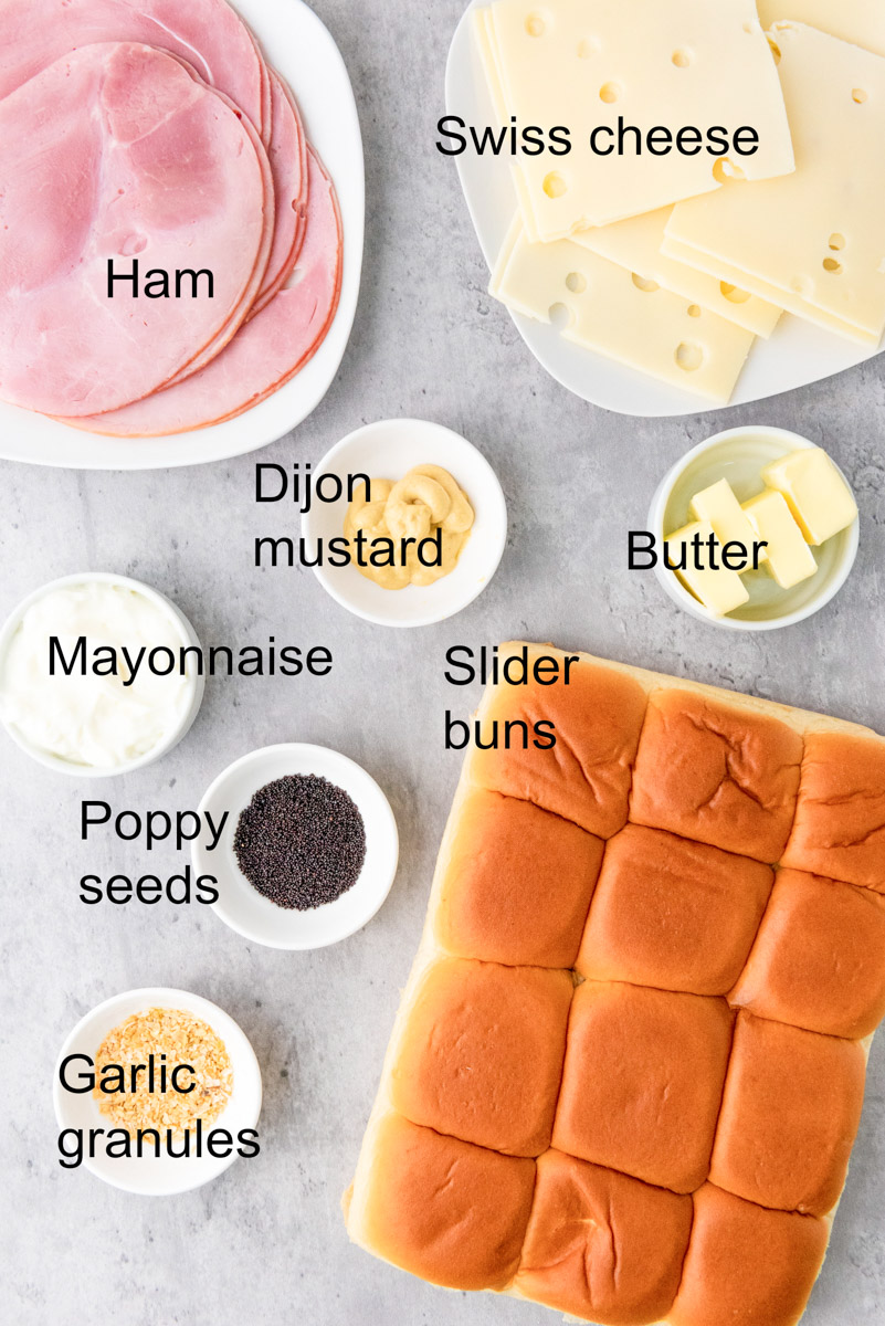 A flatlay image of the ingredients for these ham and cheese sliders. 