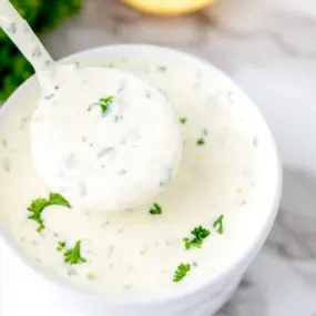 Creamy garlic dipping sauce in a white bowl.