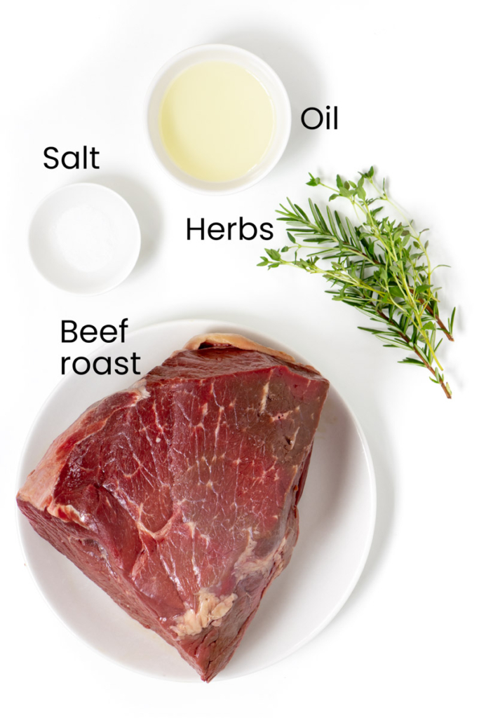 A flatlay photo of the ingredients for this roast beef air fryer recipe.