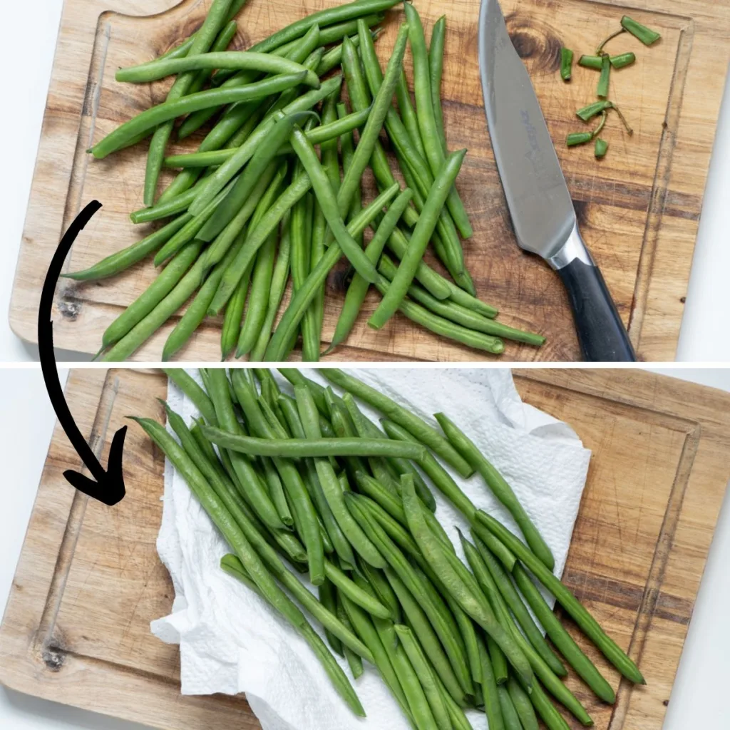 Prep photos showing green beans being trimmed and dried. 