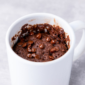 Fudgy mug brownie with chocolate chips.