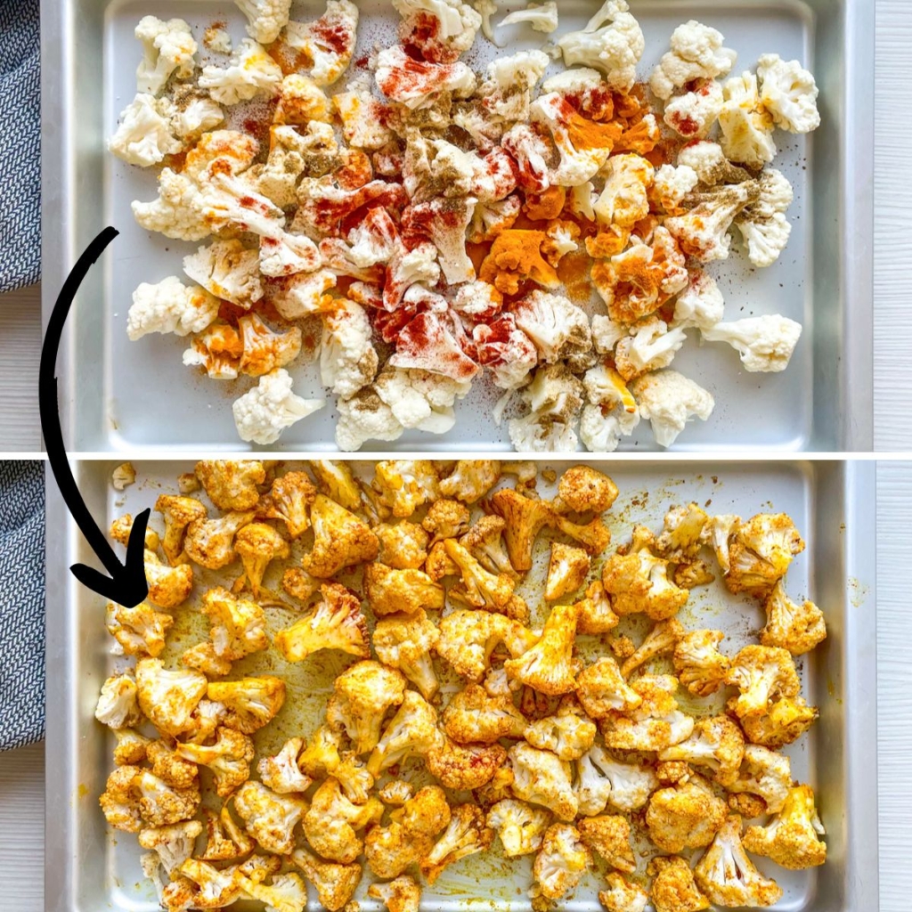 Two images showing cauliflower being tossed in spices.