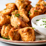 Air fryer chicken bites on a plate with dip.