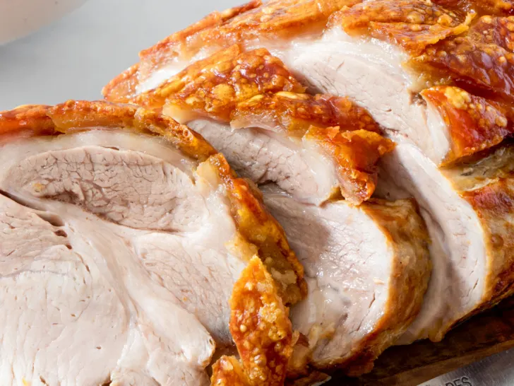 Air fryer roast pork with perfect golden crackling.