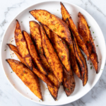 Air fryer sweet potato wedges on a white plate.