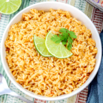 Instant Pot spicy rice in a white bowl.