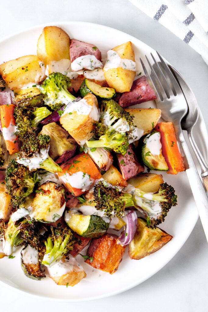 Air fryer roast vegetables on a white plate.