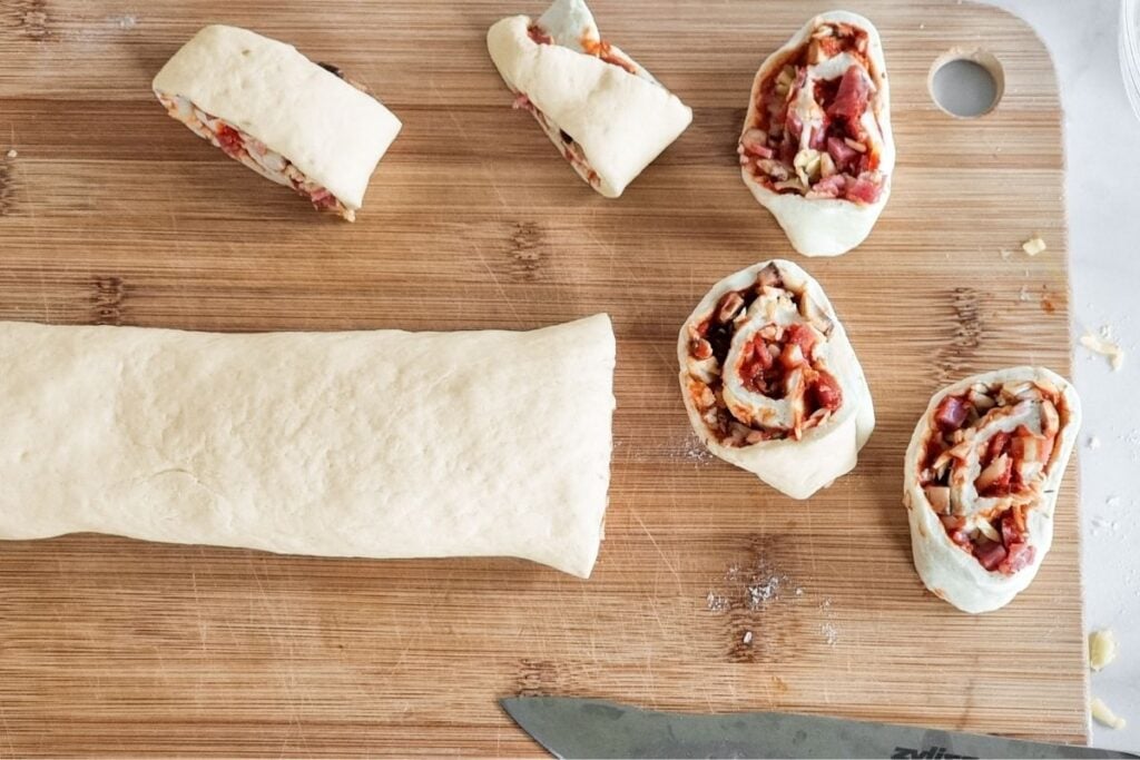 Sliced pizza pinwheels.